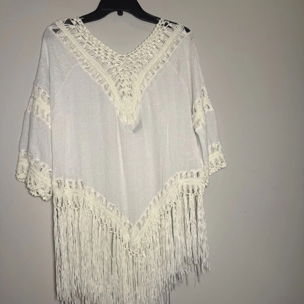 Women's White Crochet Fringe Boho Blouse